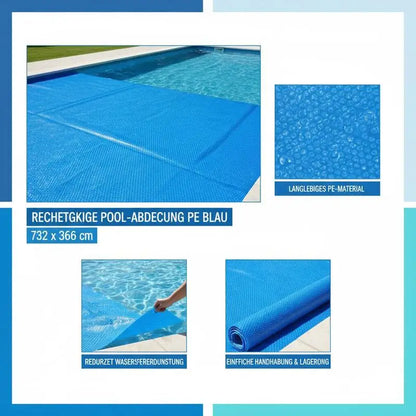 Rectangular Pool Cover 732×366cm Blue PE Leaf & Debris Protector for Above/In-Ground Swimming Pool W/ Tie-Downs Summer Winter