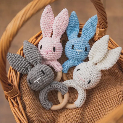 Baby Rattles Crochet Bunny Rattle Toy Wood Ring Baby Teether Rodent Baby Gym Mobile Rattles Newborn Educational Toys Gifts 1pc