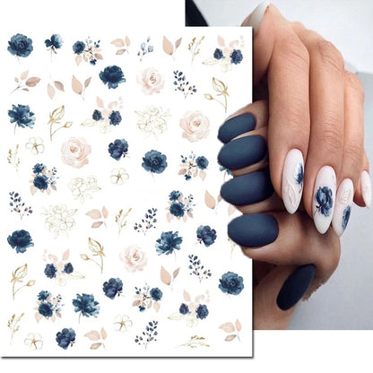 3d Nail Art Decals Elegant White RoyalBlue Roses Flowers Adhesive Sliders Nail Stickers Decoration For Nail Manicure