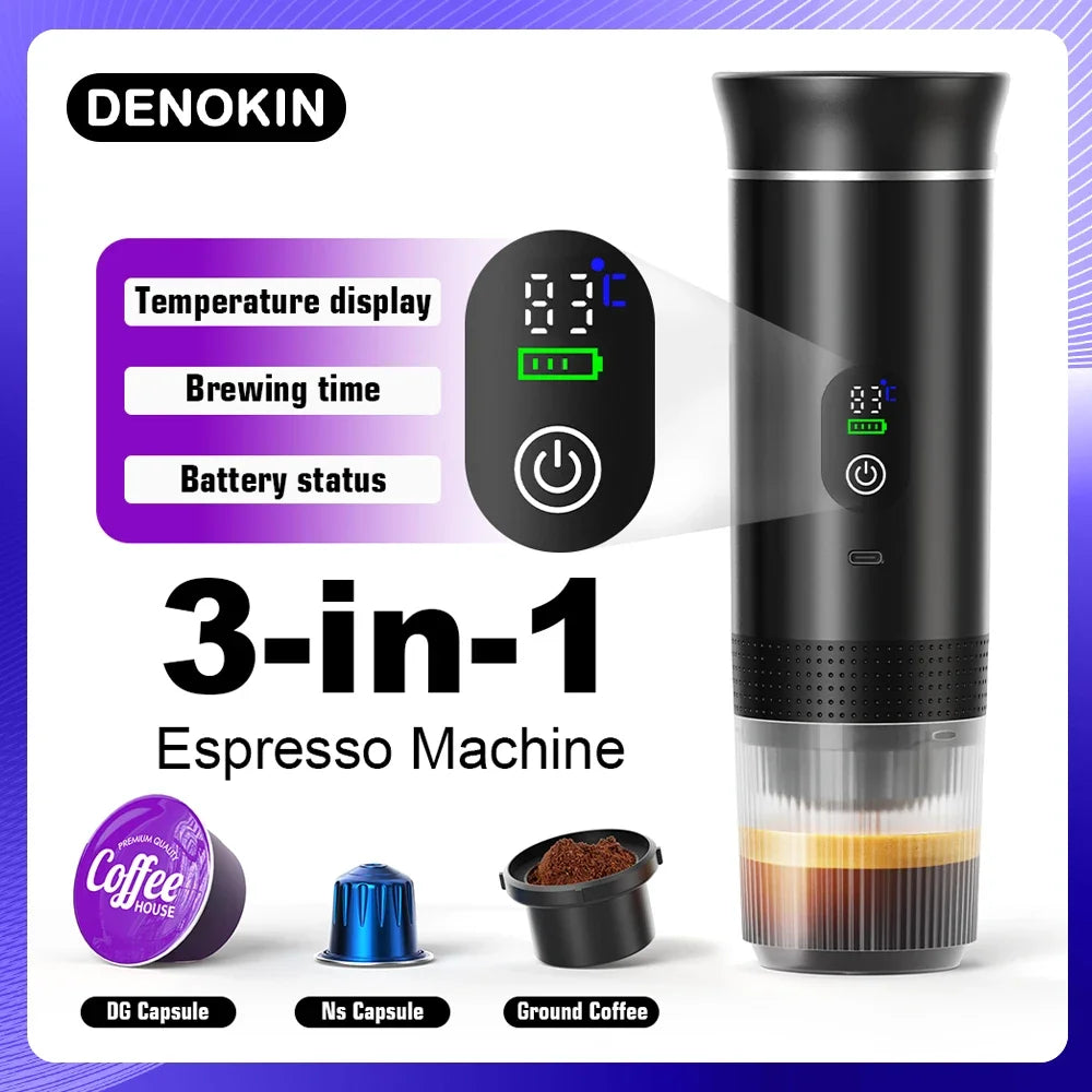 DENOKIN Portable Espresso Coffee Machine With Digital Display 3-in-1 Capsule Coffee Maker for Car & Home Camping Coffee Maker