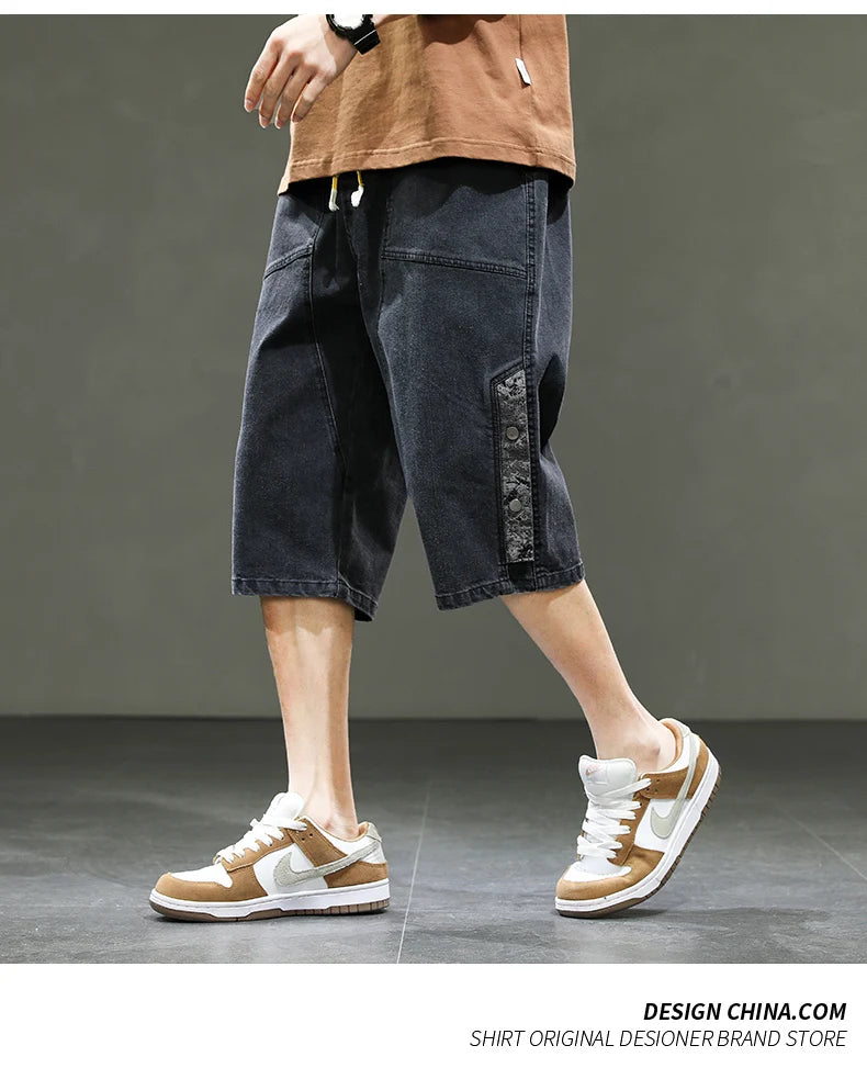 Korean Style Men's Long Shorts 3/4 Length Denim Bermuda Male Big Plus Large Size Jeans Fashion Below Knee Streetwear Loose Baggy