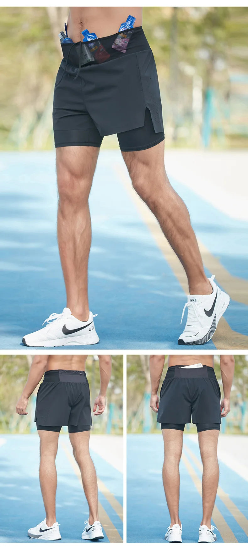2 in 1 Trail Running Marathon Multifunctional Shorts Quick Dry Long Distance Training Sports Men Summer Lining With Waist bag