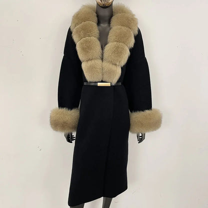 Long Knitwear Coat Women Warm Belt Real Fox Fur Jacket Female 2024 New Autumn Winter Kintted Natural Fur Coat Women