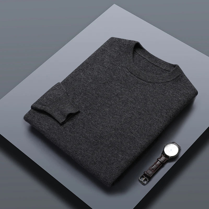 Classic Solid Color Men's O-neck Sweater Autumn Winter 100% Merino Wool Knitted Pullover Long Sleeve Warm Loose Casual Men Tops