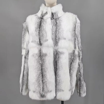 Women Real Rabbit Fur Coat High Collar Winter Jacket Make of One Rabbit Fur Cross Mink Pattern