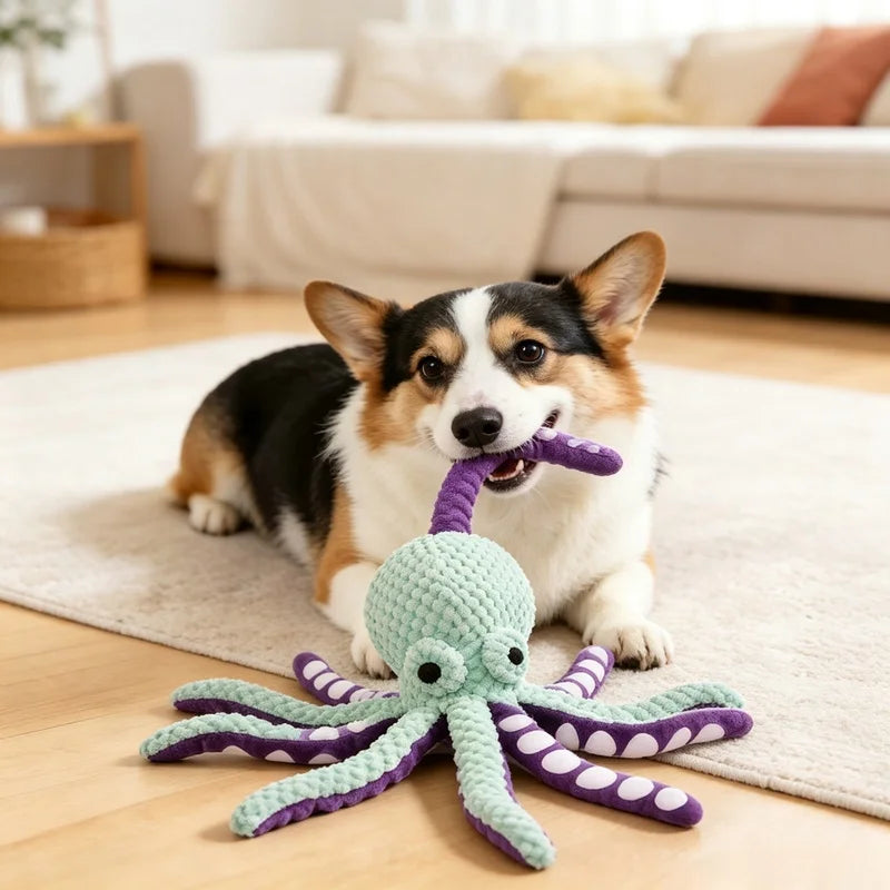 Squeaky Plush Octopus Chew Toy Durable Boredom Relief Teething Kicker for Pets