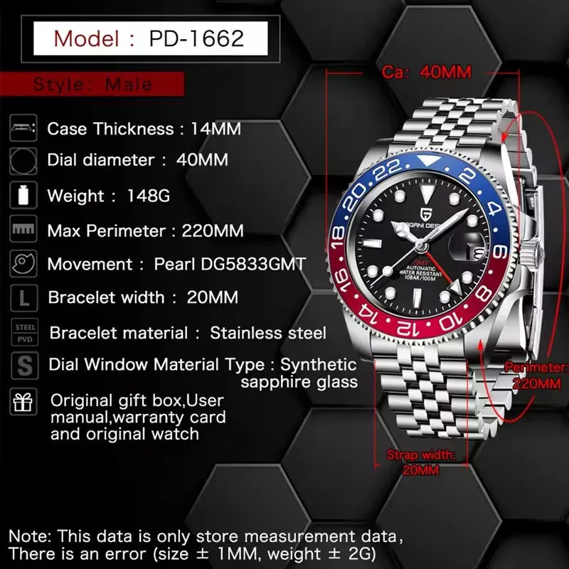 PAGANI DESIGN 2026 40MM Luxury Men GMT Automatic Machinery Watch Ceramic Bezel Jubilee Strap Sapphire Waterproof Watches for men