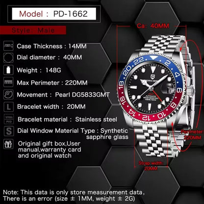 PAGANI DESIGN 2026 40MM Luxury Men GMT Automatic Machinery Watch Ceramic Bezel Jubilee Strap Sapphire Waterproof Watches for men