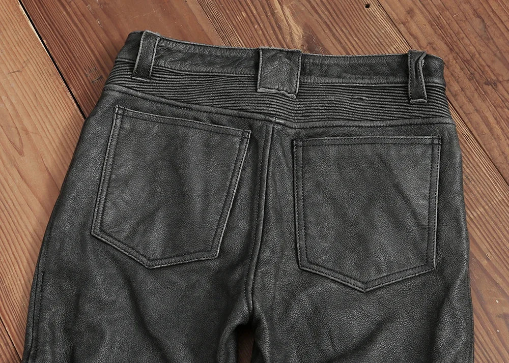 Men's Vintage Gray Black Motorcycle Style Trousers Genuine Thick Cowhide Biker's Pants Real Natural Leather Skinny Pants 4XL