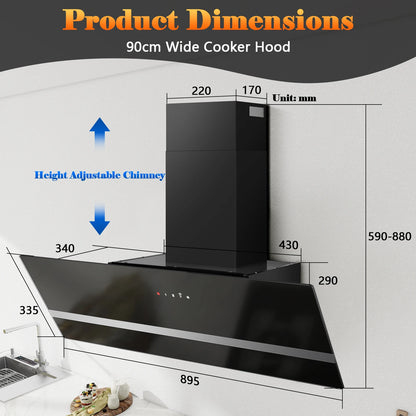 90cm Wall Hood, A+++ Energy Class, 400 m³/h, Touch Control, LED Light, Black Stainless Steel/Glass, Quiet 58 dB‌