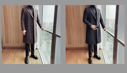 Autumn Winter Vintage Men's Woolen Long Coat Fashion Lapel High Quality Double Breasted Formal Men Slim Fit WindBreaker Overcoat