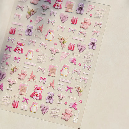5D Cute Rabbit Love Heart Peach Blossom Flower Yellow Nail Art Stickers Bowknot DIY Self Adhesive Rhinestone Manicure Decals