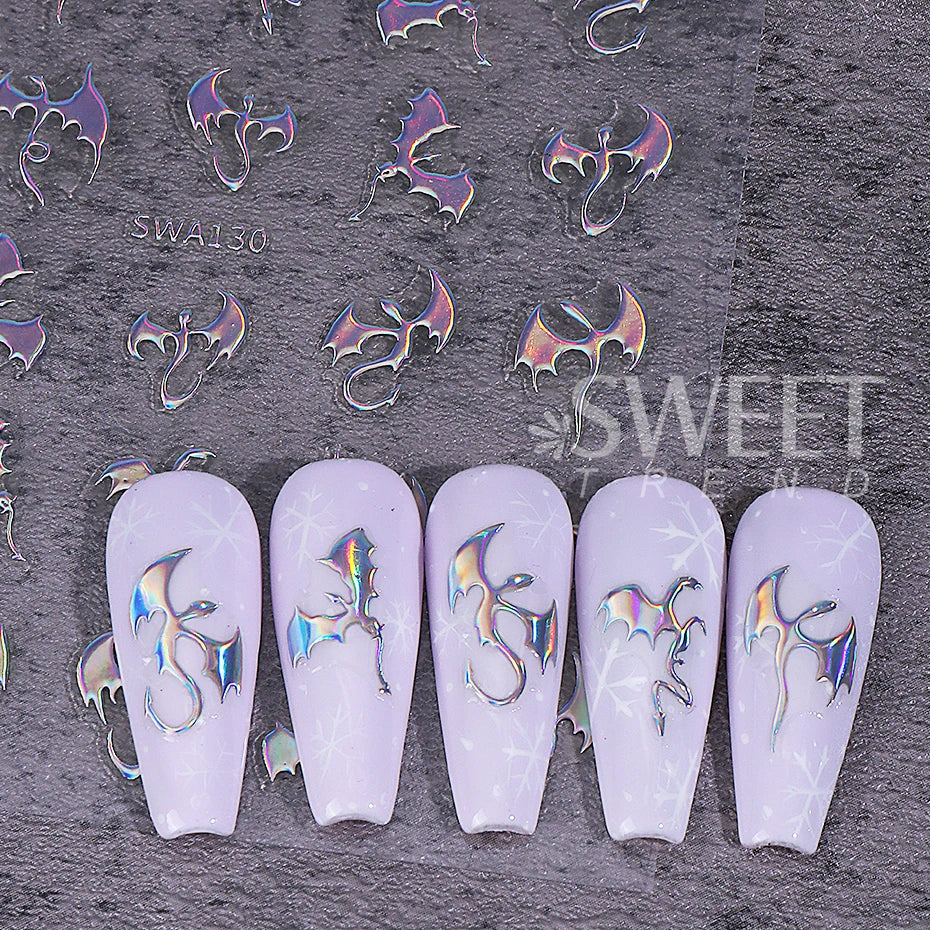3pcs Metallic Flying Dragon Nails Stickers Gold Silver Laser Flying Devil Bat Design Nail Decals DIY Halloween Manicure Decor