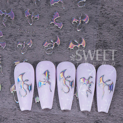 3pcs Metallic Flying Dragon Nails Stickers Gold Silver Laser Flying Devil Bat Design Nail Decals DIY Halloween Manicure Decor