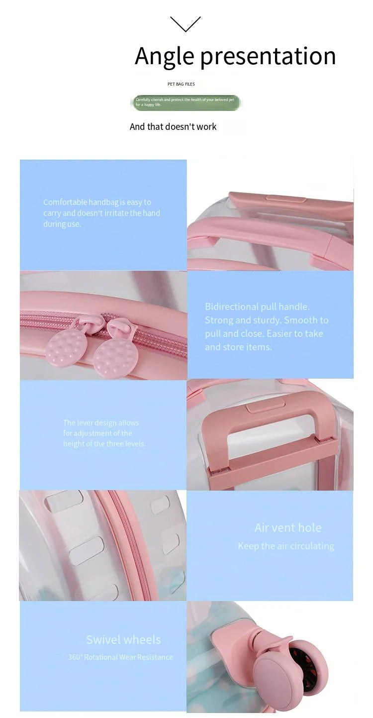 2026 Large Capacity Pet Suitcase for Two Cats Dogs Breathable Clear Wheel Portable Carry-on Luggage Pet Travel Bag