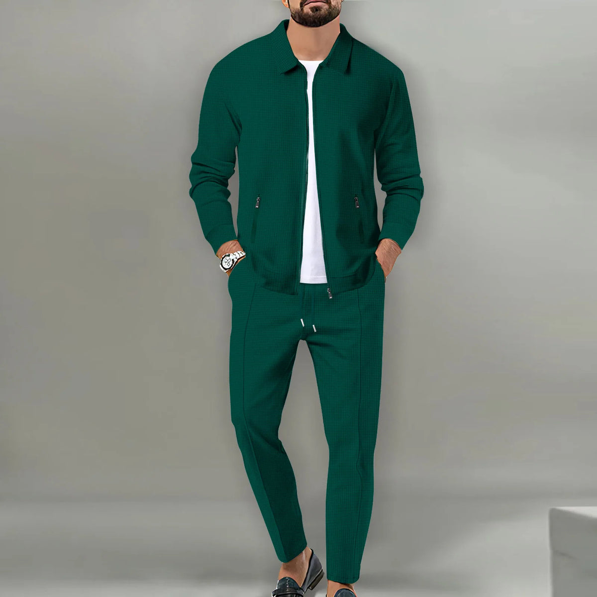 Autumn Winter Men's Casual Blazer Set New Fashion Waffle Baseball Suit Round Neck Pocket Zipper Long Sleeve Trousers Two-Piece S