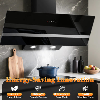 90cm Wall Hood, A+++ Energy Class, 400 m³/h, Touch Control, LED Light, Black Stainless Steel/Glass, Quiet 58 dB‌