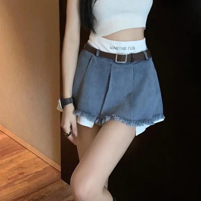 Gidyq Women High Waist Denim Skirts Summer Korean Fashion Patchwork Mini Skirts Streetwear Female Casual Tassels Jeans Skirts