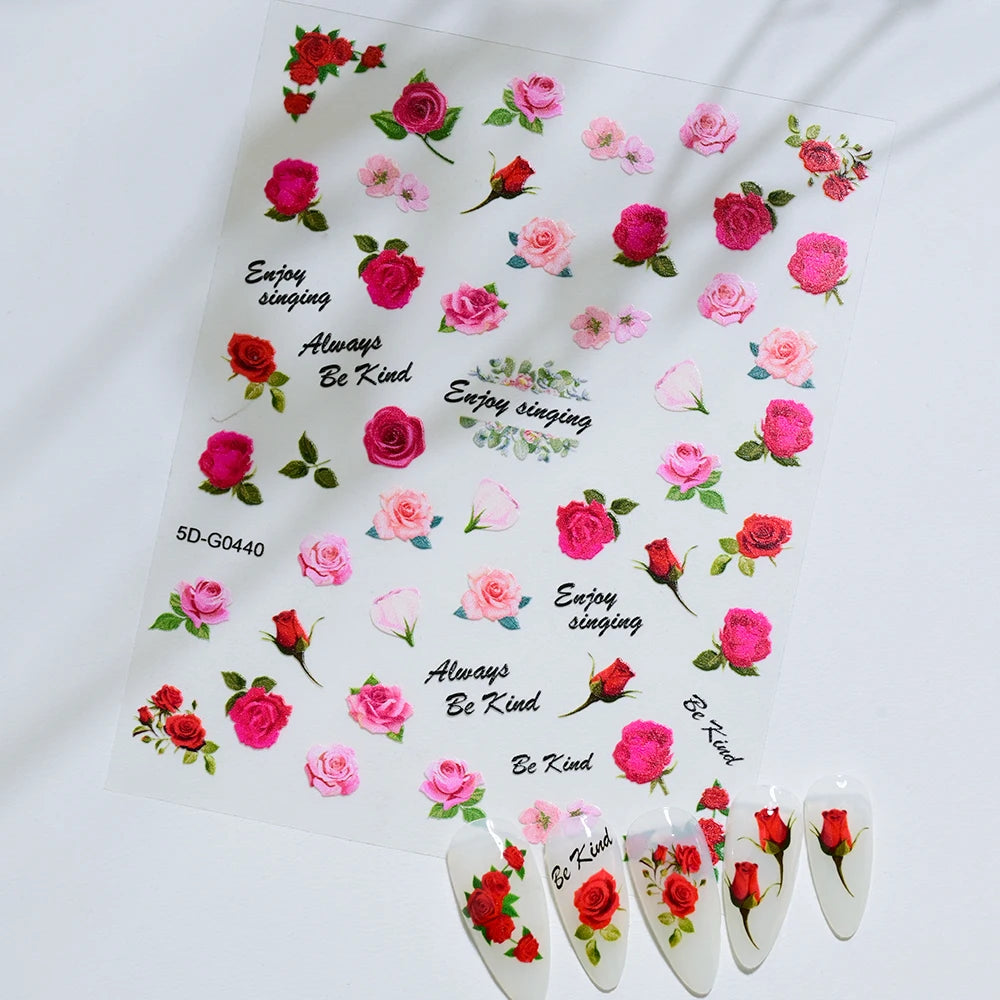 5D Hibiscus Flower Nail Embossed Sticker Lace Flower White Pink Petal Floral Self Adhesive Nail Art Slider DIY Elegant Romantic