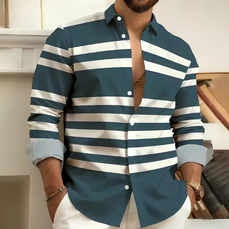 Striped Printed Men's Long Sleeved Shirt, Casual and Comfortable, Fashionable and Trendy, Street Outdoor, Soft Fabric