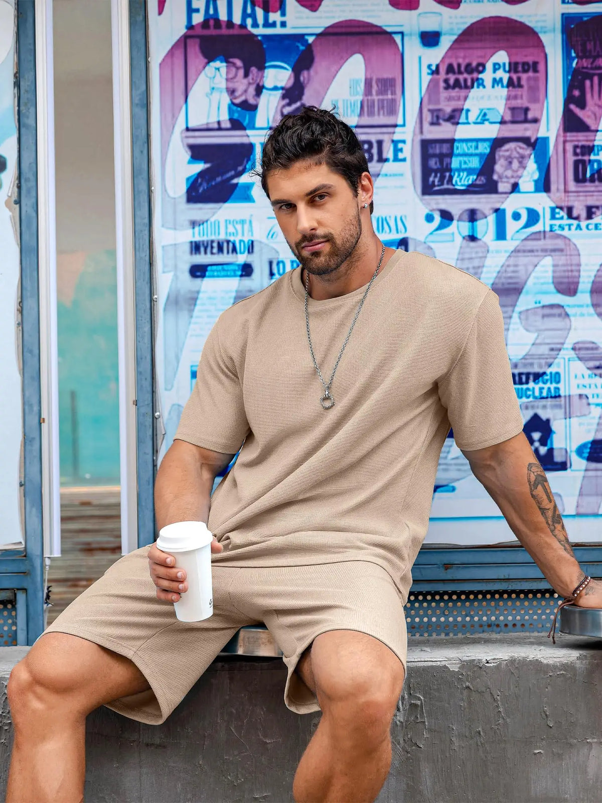 2025 New Men's Summer Round Neck Short Sleeve Suit Outdoor Sports Breathable Comfortable Shorts Suit Letter Print Casual Suit