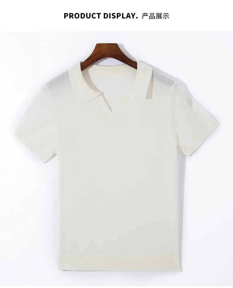 Spring and summer new 100% pure wool business casual knitting technology men's breathable soft lapel Polo short sleeve T-shirt.