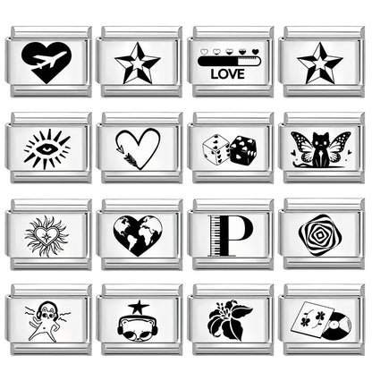 Laser Engraving Cute Cartoon Black Playing Cats Italian Charm Links Fit 9mm Stainless Steel Bracelet Men Women DIY Making Gifts