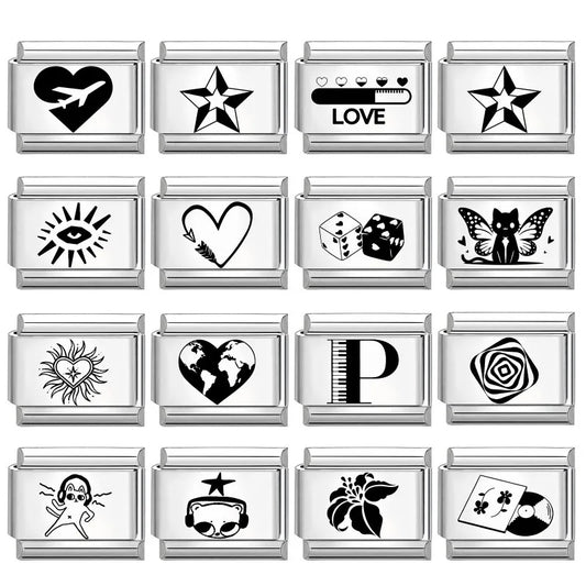 Laser Engraving Cute Cartoon Black Playing Cats Italian Charm Links Fit 9mm Stainless Steel Bracelet Men Women DIY Making Gifts