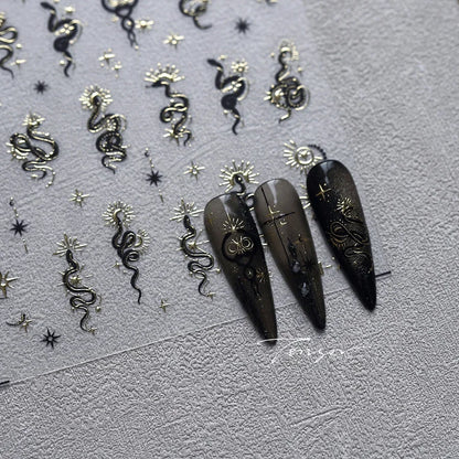 5D Gold Stamped Silver Sun Stars Snake Nail Art Stickers Totems Reliefs Self Adhesive Dark Chinese Style Manicure Decals