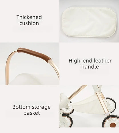 Foldable Dog Stroller Milk White PU Waterproof High Landscape Pet Stroller Outdoor Travel Pet Trolley Bearing Weight 15 KG