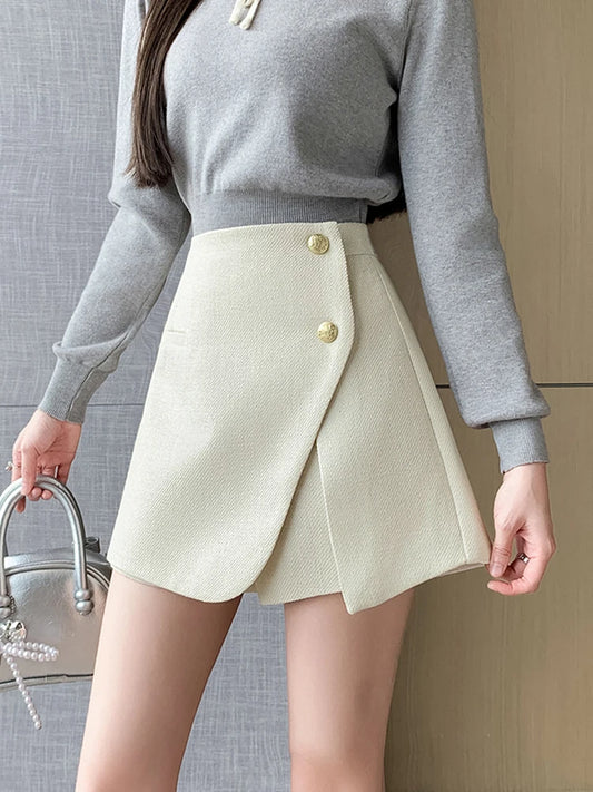 Autumn Winter Tweed Skirts Shorts Women Fashion Streetwear Cross Irregular Booty Shorts Pink Black Culottes Wide Leg Short Pants