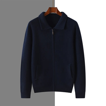 Men's 100% Merino Wool Thickened Sweater Polo Collar Business Zippered Cardigan Autumn Winter New Cashmere Jacket Knitted Top