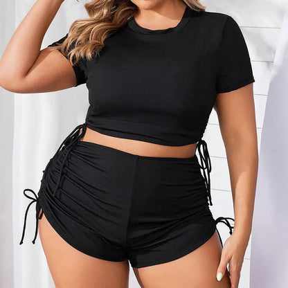 Women's Plus Size Two Piece Conservative Bikini Set Solid Drawstring Swimsuit Blouson Tops And High Waist Shorts Bathing Suits