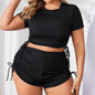 Women's Plus Size Two Piece Conservative Bikini Set Solid Drawstring Swimsuit Blouson Tops And High Waist Shorts Bathing Suits