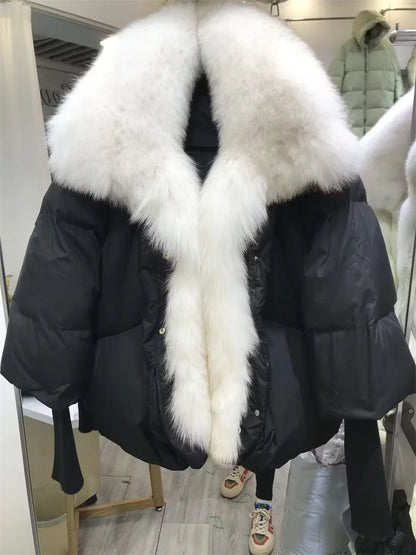2024 Winter Women Warm Coat Oversized Real Fox Fur Collar Thick Luxury Outerwear New Fashion 90% Goose Down Jacket