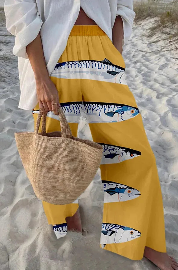 2025 Summer Womens New Casual Women's Trousers Loose Wide-leg Pants Marine Print Casual Wide-leg Beach Vacation Women's Trousers