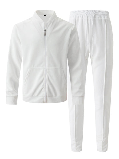 Autumn Winter Men's Casual Blazer Set New Fashion Waffle Baseball Suit Round Neck Pocket Zipper Long Sleeve Trousers Two-Piece S