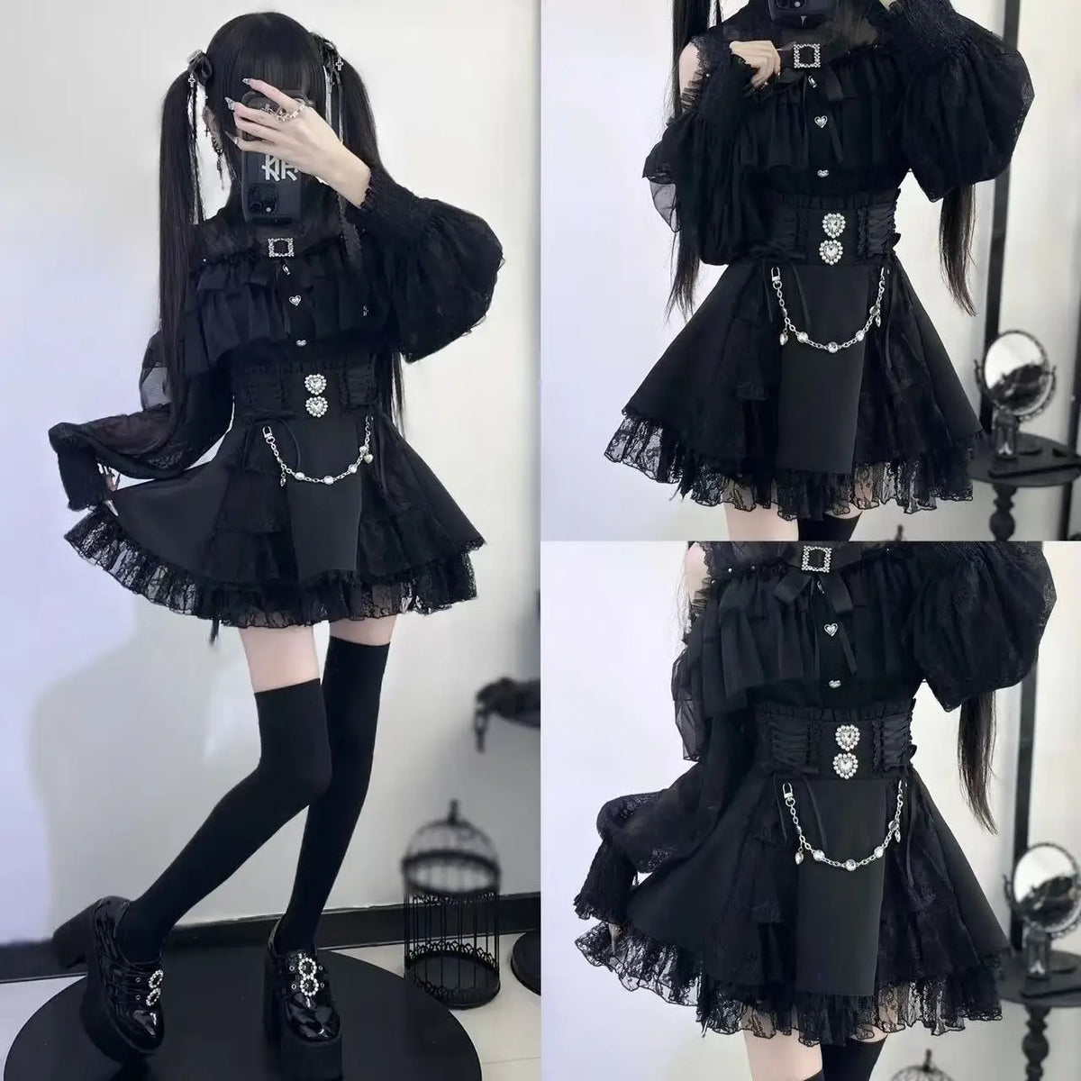 Japanese Sweet Lolita Style Mini Skirt Women Retro Elegant Lace Bandage Party Cake Skirts Female Gothic Y2k Metal Buckle Skirts