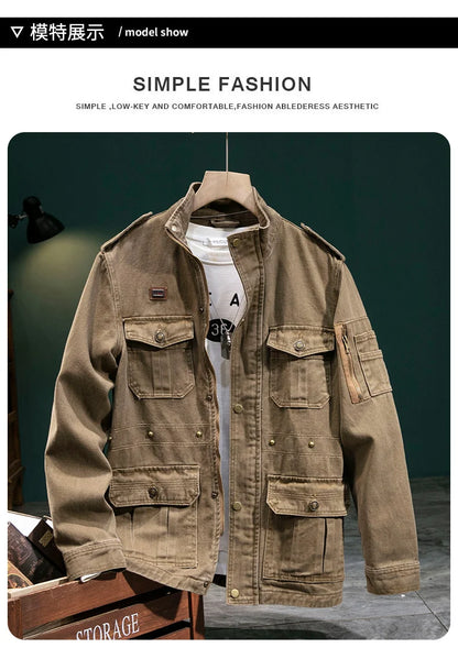 American Retro Style Men's Spring Casual Jackets Heavyweight Cotton Multi-Pockets Loose Cargo Jacket Fashion Outerwear
