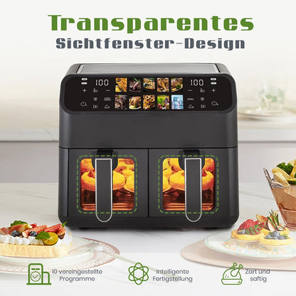 Hot Air Fryer 9L Dual Basket Electric Oilless Cooker Oven with Touch Control,10-In-1 Multifunction,Visible Window,Family Size