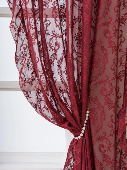 Vintage Burgundy Lace Sheer Curtains, Rod Pocket Ruffled Lace Window Curtains for Living Room Bedroom