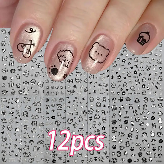 12pcs/set Cute Cartoon Dog/Cat Nail Art Stickers 3D Graffiti Black Cat Dog  Nail Decals 8*10cm Self-Adhesive Cartoon Nail Art Su