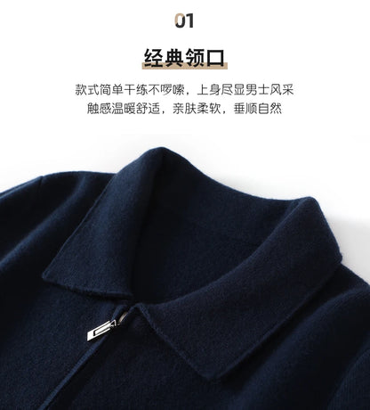 Men's 100% Merino Wool Thickened Sweater Polo Collar Business Zippered Cardigan Autumn Winter New Cashmere Jacket Knitted Top