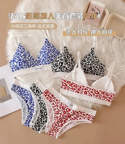 Summer New Women's Leopard Print Traceless and Steel Rim Bra Adjustable Shoulder Strap Back Women's Underwear Set