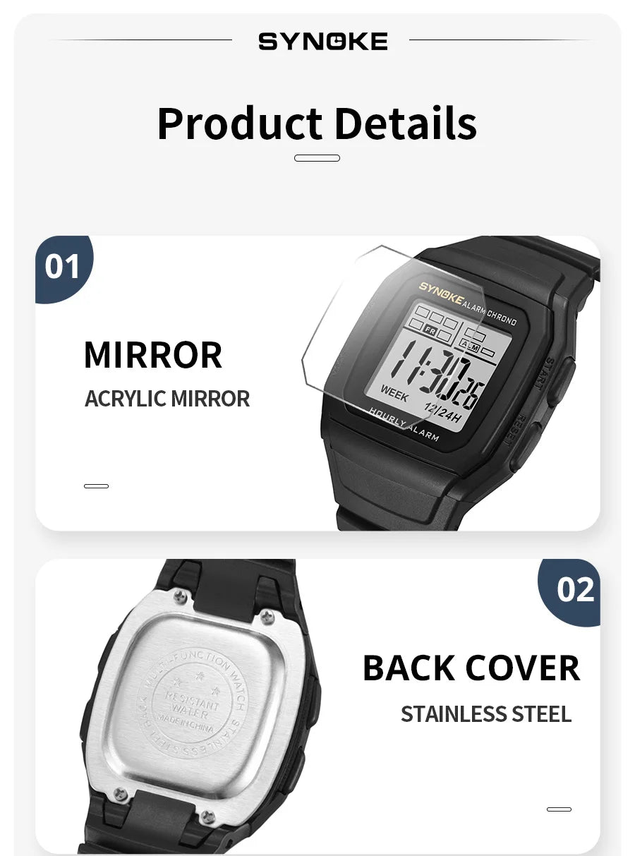 SYNOKE Digital Watch Student Electronic Outdoor Sports Boy Luminous Waterproof MultiFunction Watch Retro Square Watch
