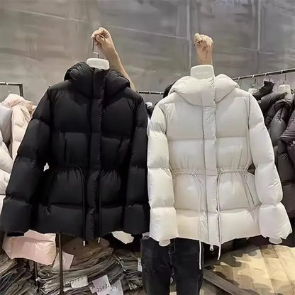 Fashion Cotton-Padded Jacket Women Autumn WinterNew Down Coat Female Parkas Hooded Drawstring Waist Thick Warm Overwear Lady Top