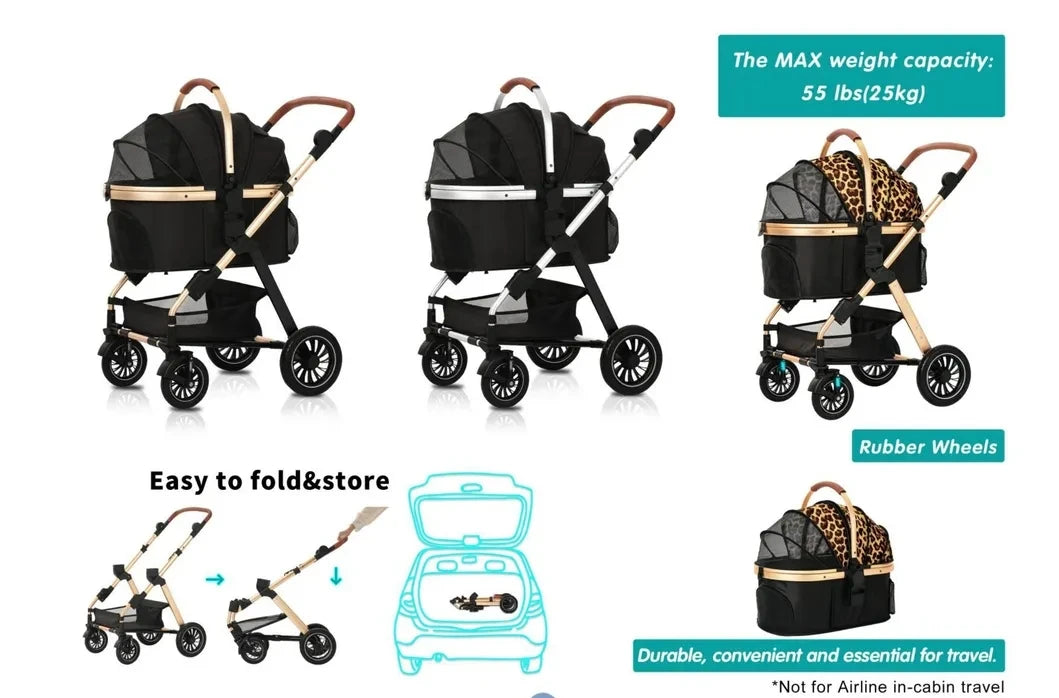 Luxury 3-in-1 Aluminum Alloy Foldable Pet Stroller Customized Dog Travel Carrier with Trolley Bag