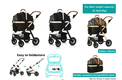 Luxury 3-in-1 Aluminum Alloy Foldable Pet Stroller Customized Dog Travel Carrier with Trolley Bag