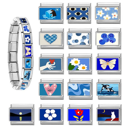 Fashion Blue NO.8 Ball Panda Elephant Cat Flower Italian Charms Fit 9mm Stainless Steel Women Fashion Bracelet DIY Jewelry Gifts