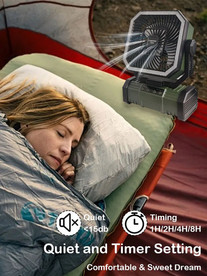 20000 mAh Wireless Battery-Powered Camping Fan with LED Light and Remote Control, 4 Speeds, Timer Function, USB Interface